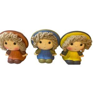 Vintage 3 Chalkware Ceramic Yarn Hair Girl Coin Bank Taiwan Prairie Country